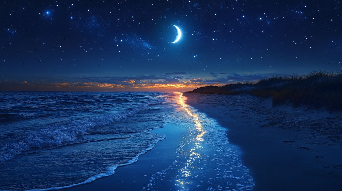 ทิวทัศน์ชายหาดยามค่ำคืนที่สวยงาม