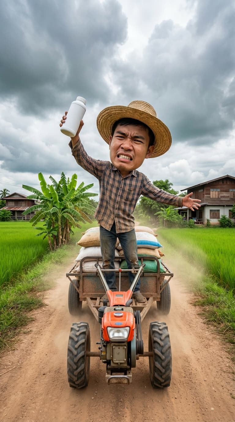 เกษตรกรที่มีอารมณ์ขันในทุ่งนา
