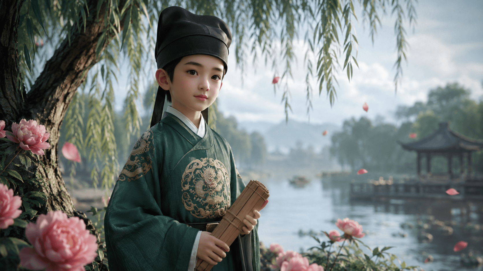 ภาพเด็กชายในชุดจีนโบราณท่ามกลางธรรมชาติ