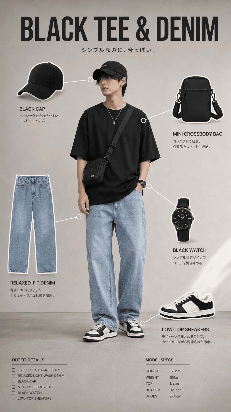 เสื้อยืดดำและยีนส์สไตล์เรียบง่าย